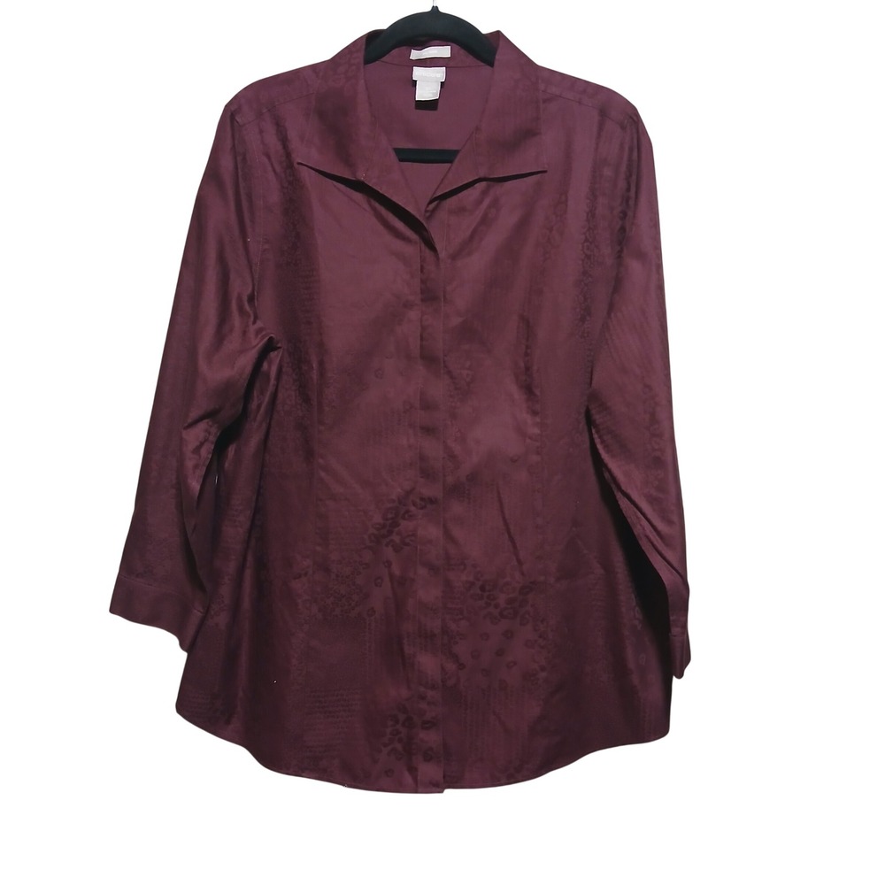 Chicos 3P‎ Burgundy Textured Animal Print Button Up Shirt Women US Size 16 18